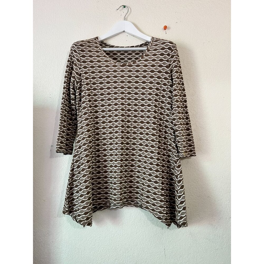 Tianello Womens Brown Printed Knit Tunic Top Medium 3/4 Sleeve Handkerchief Hem